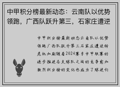 中甲积分榜最新动态：云南队以优势领跑，广西队跃升第三，石家庄遭逆转危机加剧