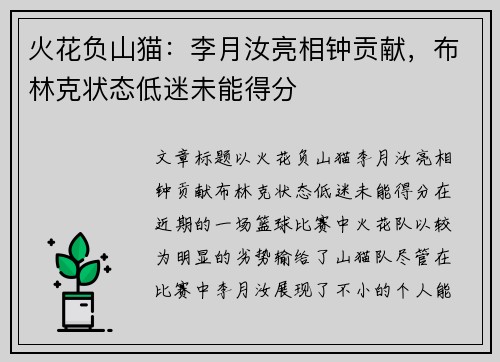 火花负山猫：李月汝亮相钟贡献，布林克状态低迷未能得分