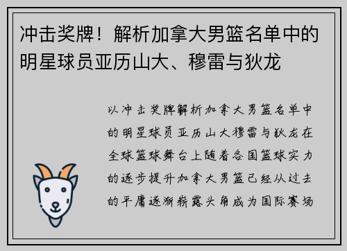 冲击奖牌！解析加拿大男篮名单中的明星球员亚历山大、穆雷与狄龙