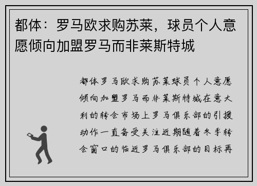 都体：罗马欧求购苏莱，球员个人意愿倾向加盟罗马而非莱斯特城