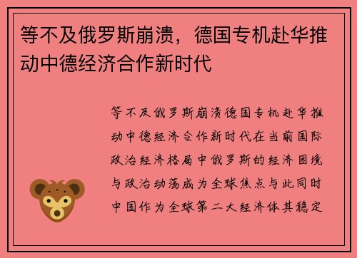 等不及俄罗斯崩溃，德国专机赴华推动中德经济合作新时代